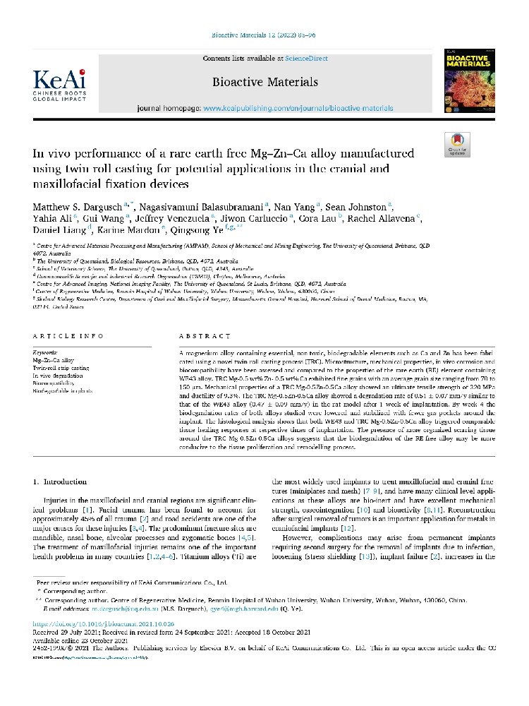 In vivo performance of a rare earth free Mg-Zn-Ca alloy manufactured using twin roll casting for potential applications in the cranial and maxillofacial fixation devices